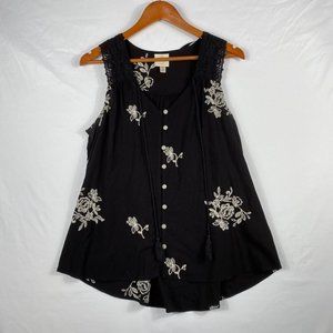 Knox Rose Floral Sleeveless Front Button V-neck Tops Size M Black